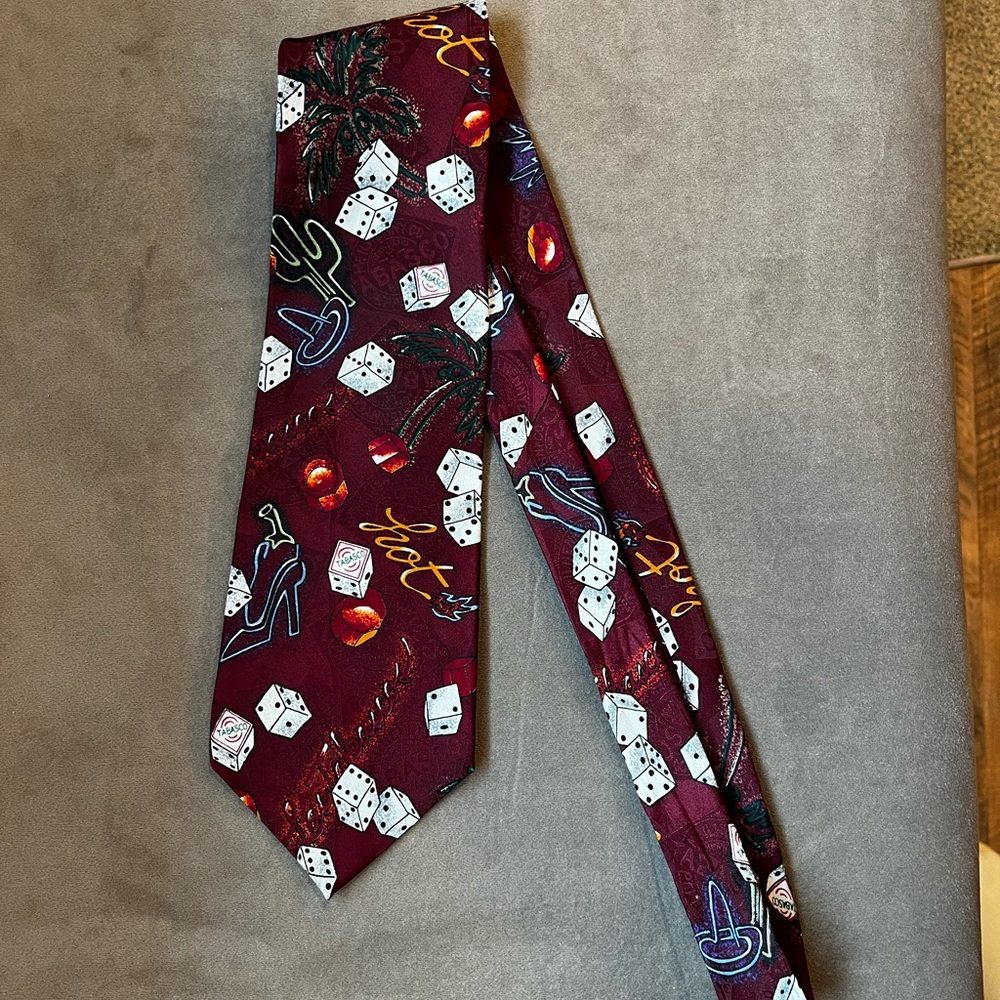 Tabasco Burgundy Silk Tie with Las Vegas Theme Dice and Cactus